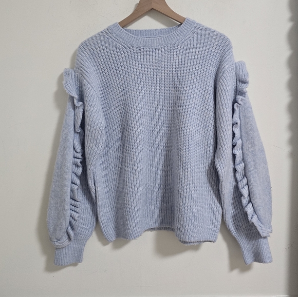 Zara blue ribbed knit balloon ruffle sleeves sweater size S - Picture 5 of 8